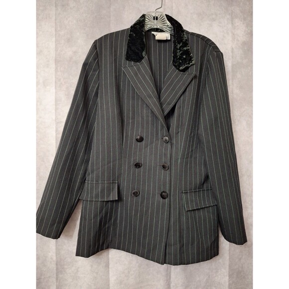 Vtg DBY Pinstripe Blazer Womens Sz 13 Velvet Collar Double Breasted Classic Y2K - Picture 1 of 9